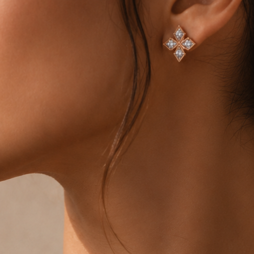 Modern Floral Design Gold Diamond Pendant Set with Earrings