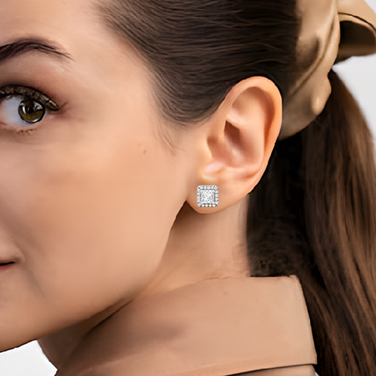 Princess Cut Square Halo Diamond Stud Earrings
