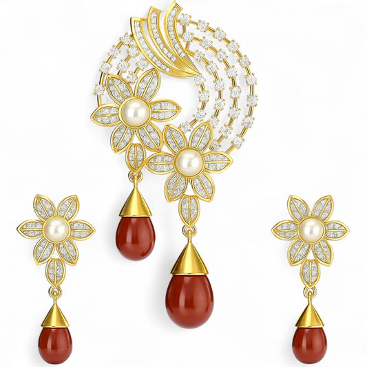 Red GemStone Floral Design Pendant With Earrings
