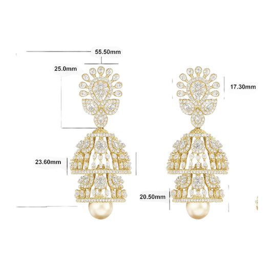 Grand Jhumka Style Gold and Diamond Pearl Drop Earrings