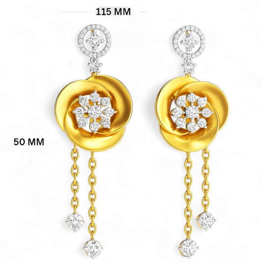 Designer Floral Diamond Cut Gold Earrings with Chain Drop