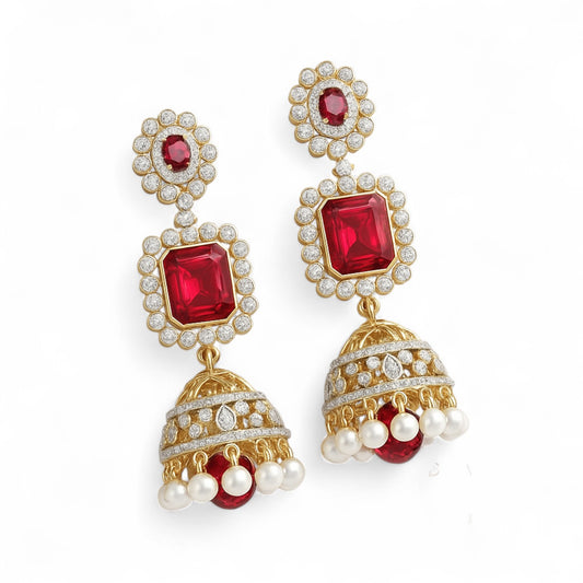 Red Gem Stone Bridal Jhumka Earrings