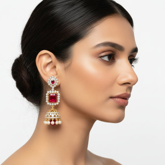 Red Gem Stone Bridal Jhumka Earrings