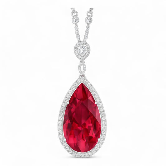 Regal Ruby Drop Pendant with Diamond Halo