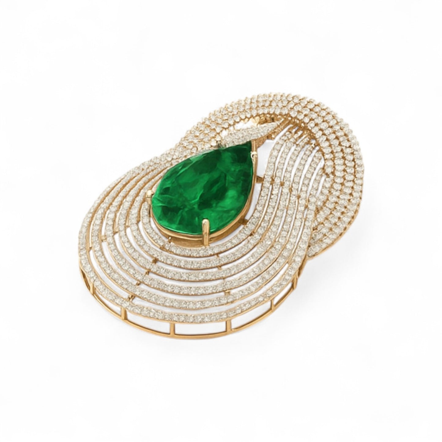 Grand Emerald Halo Pendant with Diamond Waves