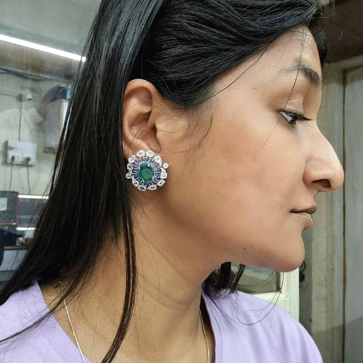 Sovereign Empress Emerald & Blue Stone Halo Earrings