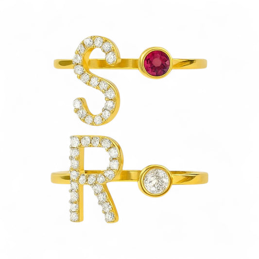 Initial "S & R" Diamond Ring with Ruby Accent