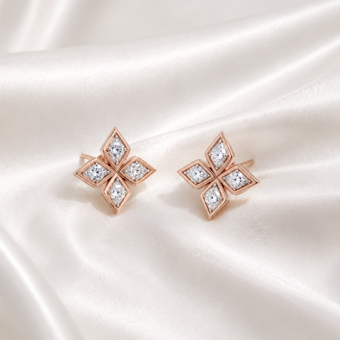 Modern Floral Design Gold Diamond Pendant Set with Earrings