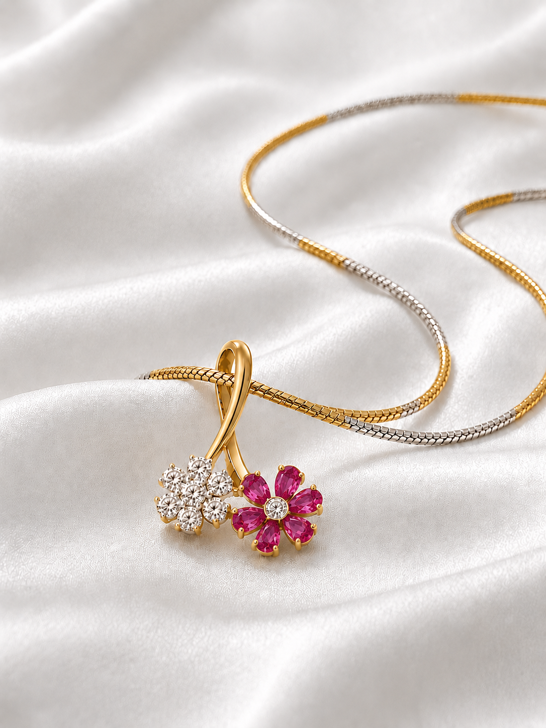 Gold Diamond Deep Rani Pink Floral Pendant