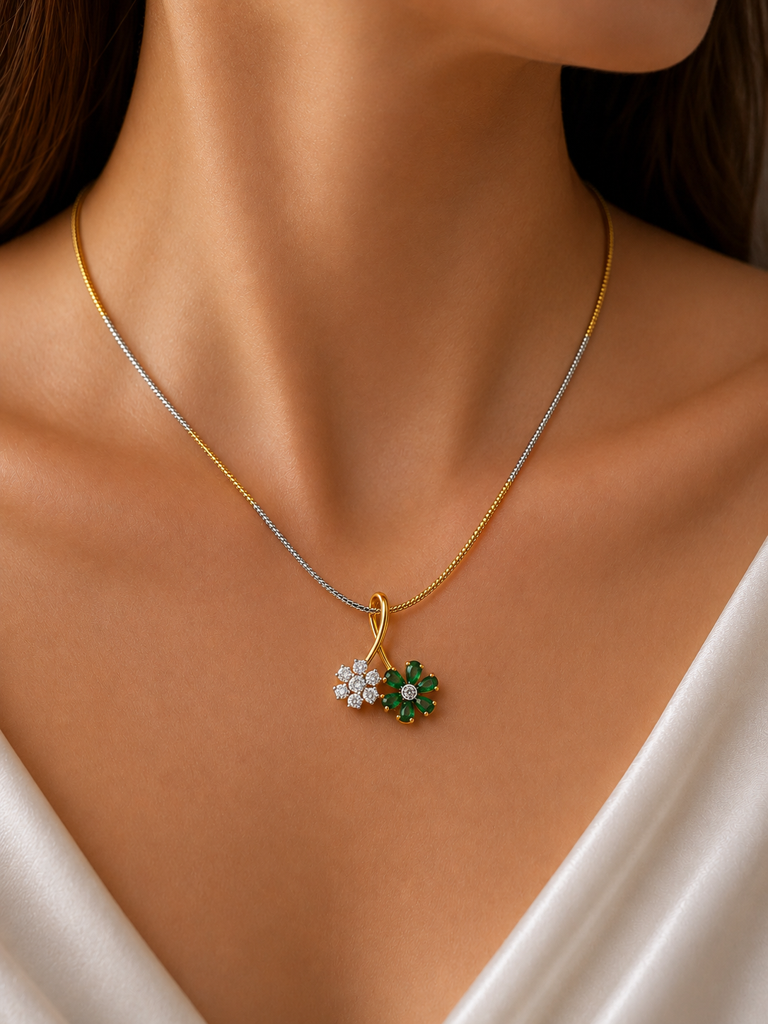 Gold Diamond Emerald Green Floral Pendant