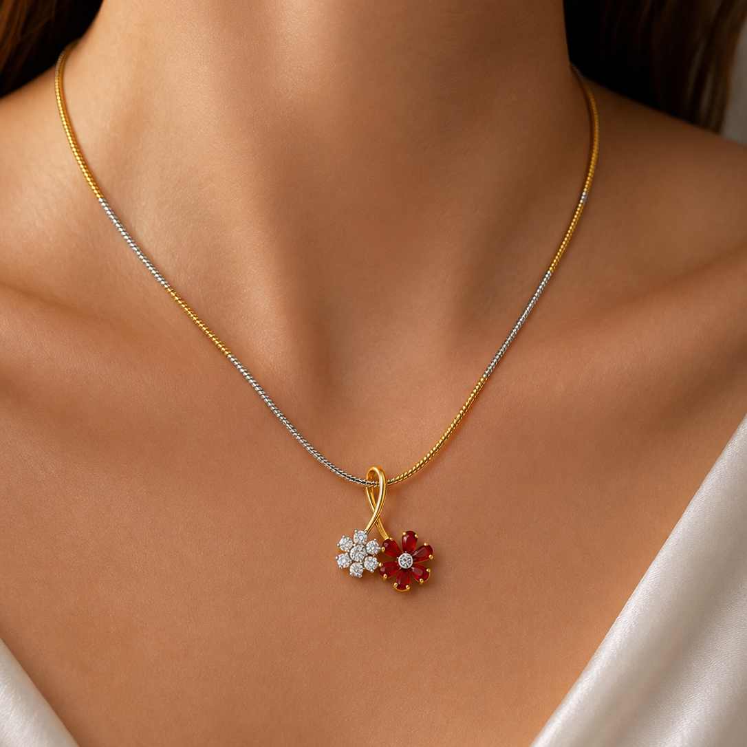 Gold Diamond Ruby Red Floral Pendant