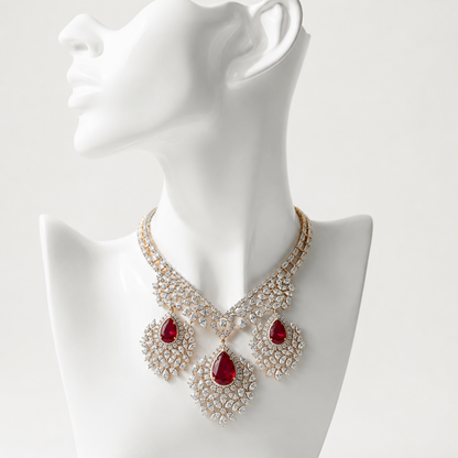Luxury Bridal Statement Gold Ruby & Diamond Necklace