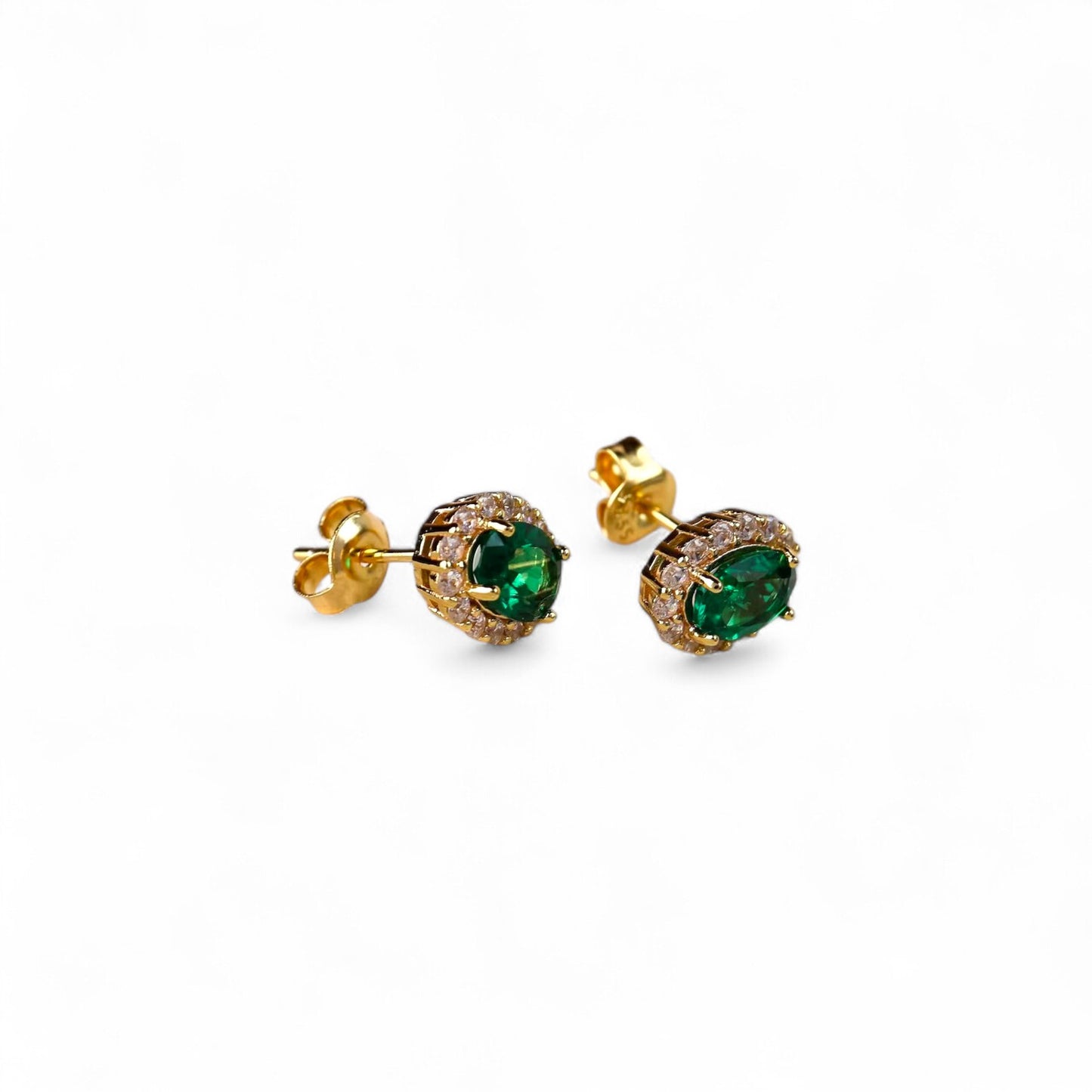 Green Oval Gemstone Halo Stud Earrings