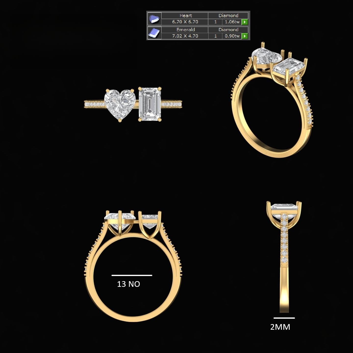 1carat Heart and 90cent Emerald Cut Two Solitaire Diamond Ring