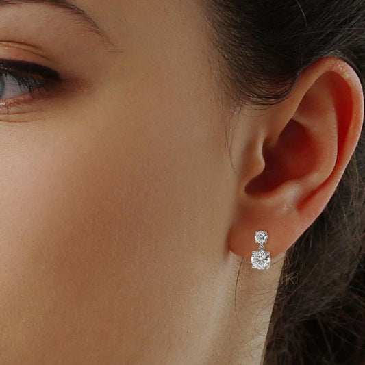 Twin Round Solitaire Diamond Drop Stud Earrings
