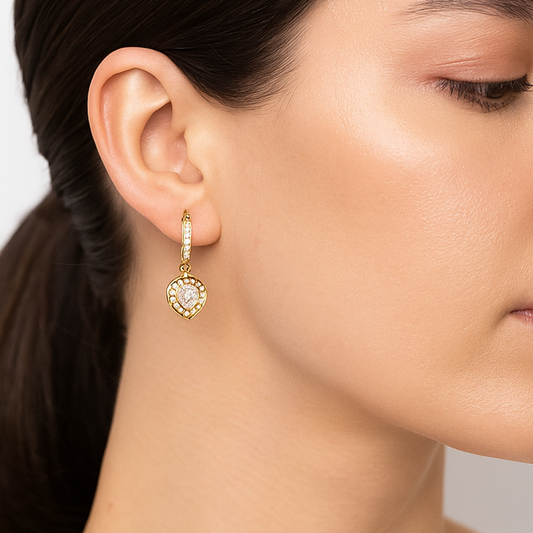 Gold Heart-Shaped Diamond Drop Earrings