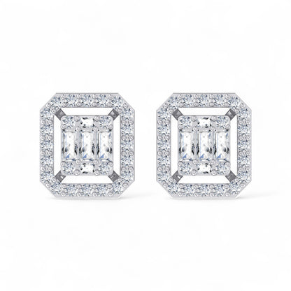Square Frame Baguette and Round Diamond Stud Earrings