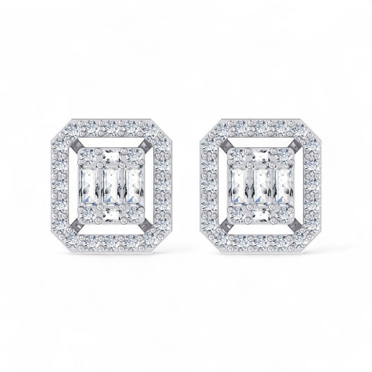Square Frame Baguette and Round Diamond Stud Earrings