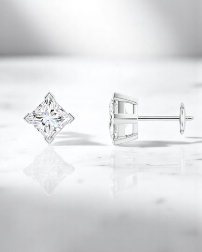 4 Prong Princess Solitaire Stud Earrings