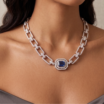 Luxury Gold Diamond Necklace with Blue Sapphire Centerpiece