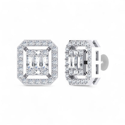 Square Frame Baguette and Round Diamond Stud Earrings