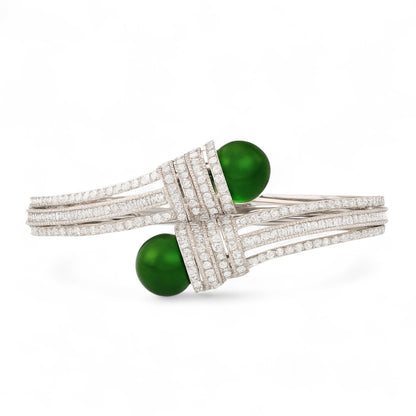 Dual Jade Gemstone and Diamond Cuff Statement Bracelet