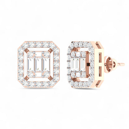 Square Frame Baguette and Round Diamond Stud Earrings