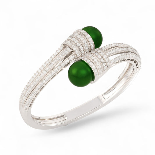 Dual Jade Gemstone and Diamond Cuff Statement Bracelet