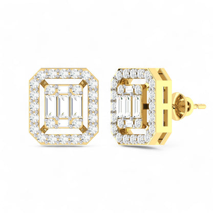 Square Frame Baguette and Round Diamond Stud Earrings