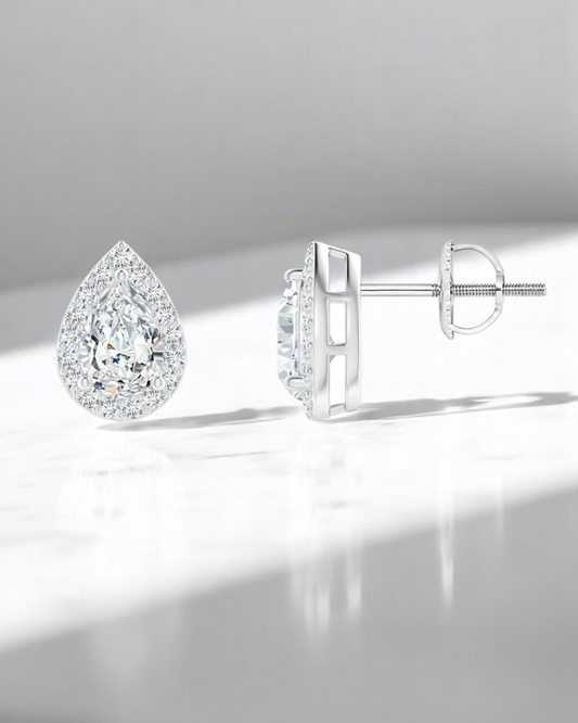 Pear Halo Solitaire Stud Earrings