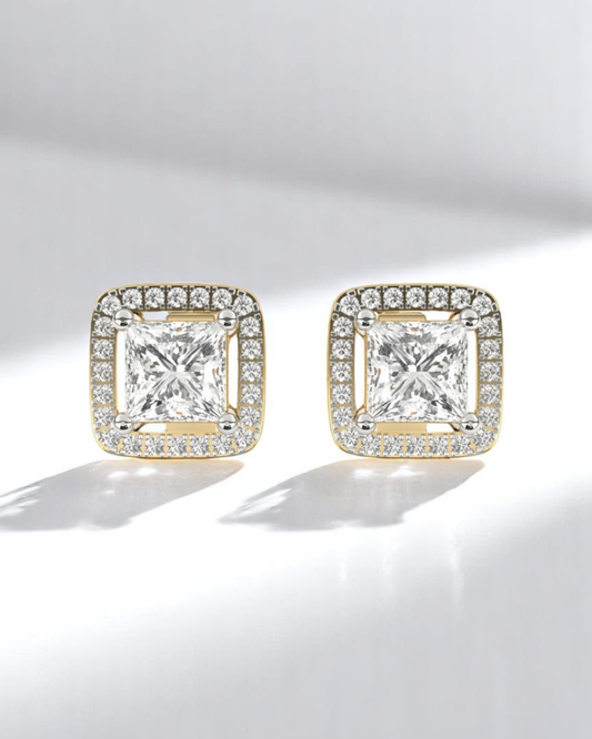 Princess Halo Solitaire Stud Earrings