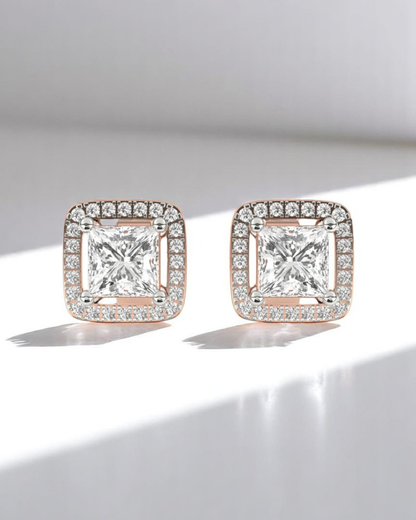 Princess Halo Solitaire Stud Earrings