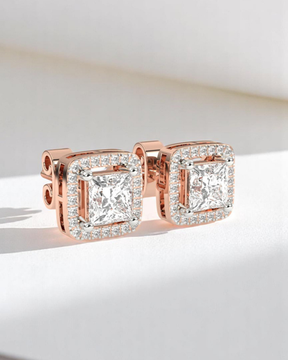 Princess Halo Solitaire Stud Earrings