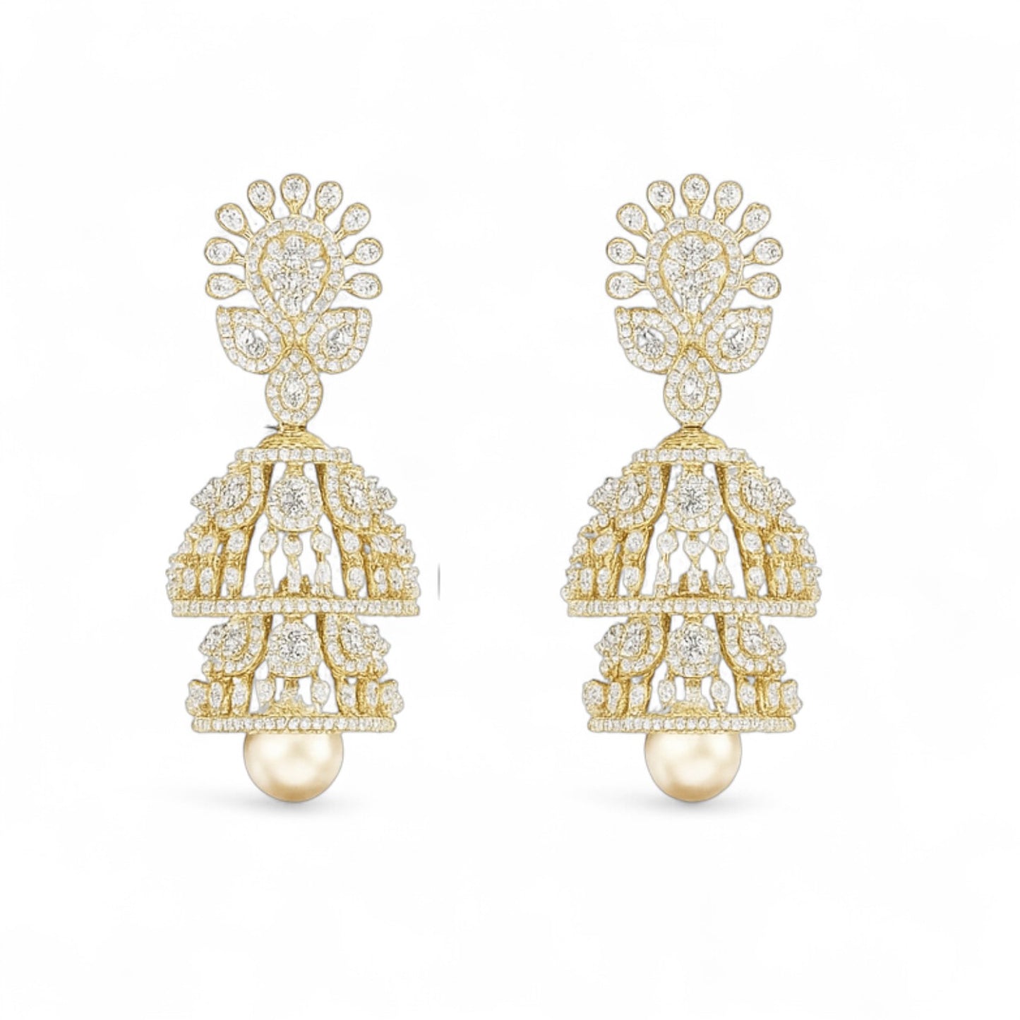 Grand Jhumka Style Gold and Diamond Pearl Drop Earrings