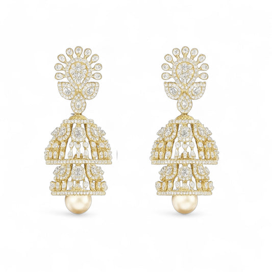 Grand Jhumka Style Gold and Diamond Pearl Drop Earrings