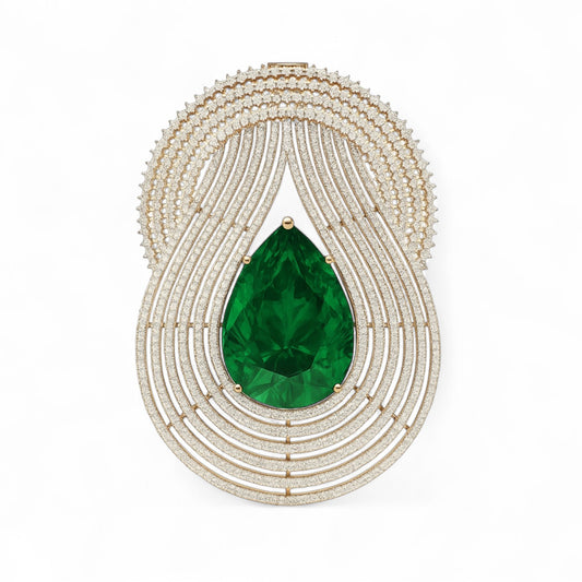 Grand Emerald Halo Pendant with Diamond Waves