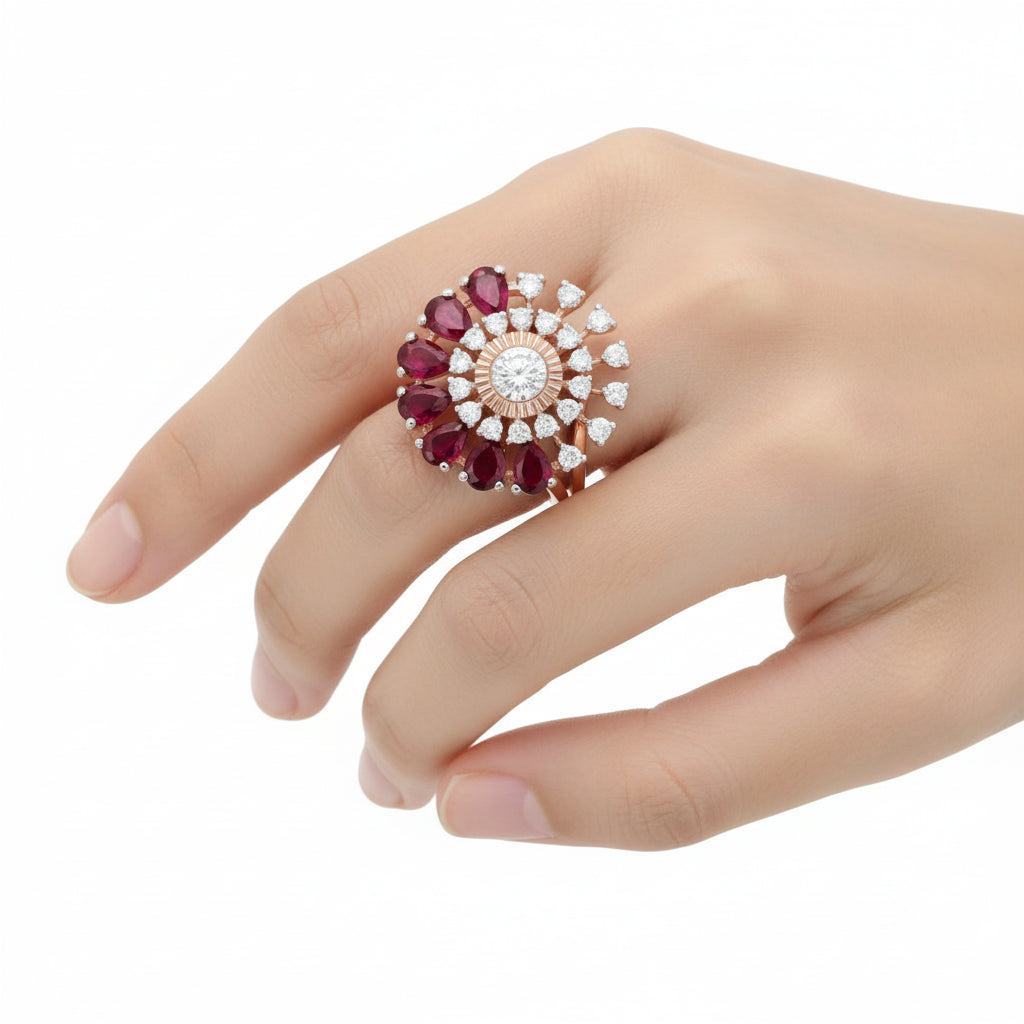 Ruby & Diamond Floral Burst Cocktail Ring
