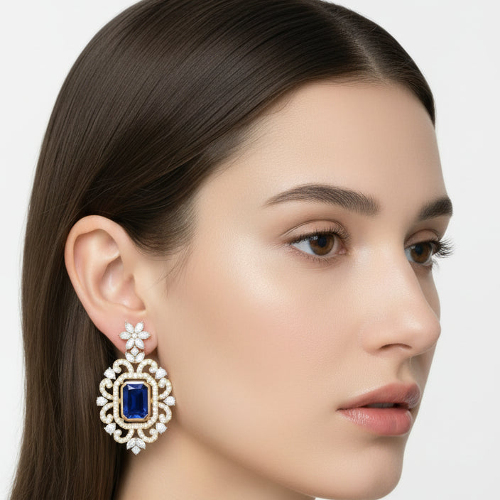 Royal Blue Sapphire and Diamond Drop Earrings