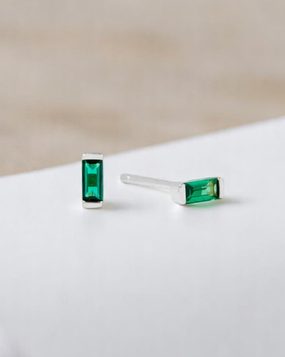 Green Emerald Solitaire Baguette Bezel Studs