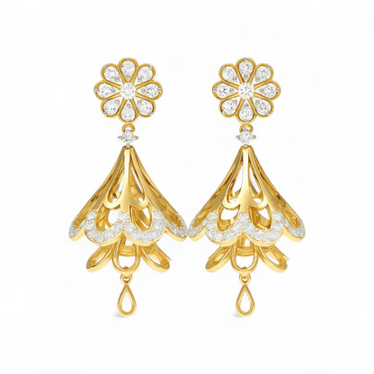 Gold Jhumka Floral Earrings with Diamond