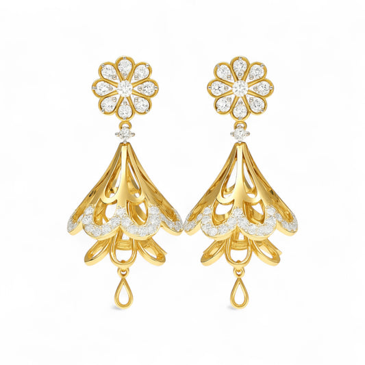 Gold Jhumka Floral Earrings with Diamond