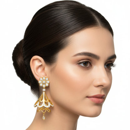 Gold Jhumka Floral Earrings with Diamond