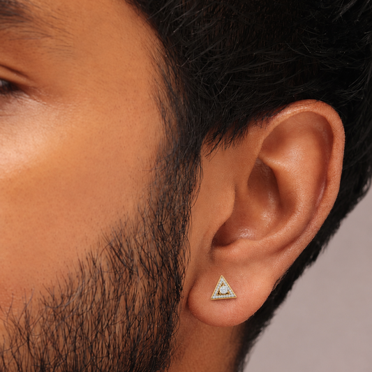 Elevate your accessory collection with the Apex Geometric Diamond Men's Studs (Model ER-4098). These expertly crafted studs feature a bold, triangular design accented with 44 brilliant diamonds, set in premium 14kt or 18kt gold. Combining sharp, modern geometry with timeless luxury, these studs provide the perfect finishing touch for any refined wardrobe. Discover the ideal balance of strength and sophistication in this essential piece of men’s luxury jewelry.