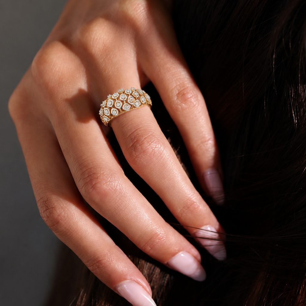 Artisan Interlace diamond band, a sophisticated 14K or 18K gold ring featuring an ornate, interlocking lattice design set with 23 brilliant diamonds. Perfect as a unique wedding band or statement ring. Elevate your jewelry collection with this masterfully crafted gold piece today.