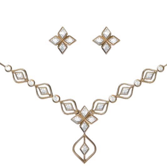 Modern Floral Design Gold Diamond Pendant Set with Earrings