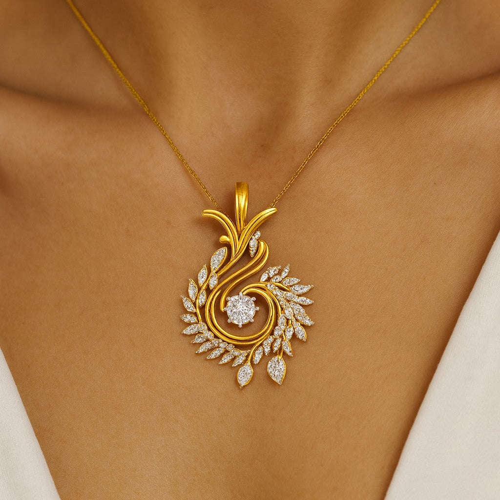 Luxury nature-inspired diamond pendant, 18kt gold botanical jewelry, round diamond swirl pendant PD-4006, intricate gold and diamond statement piece.