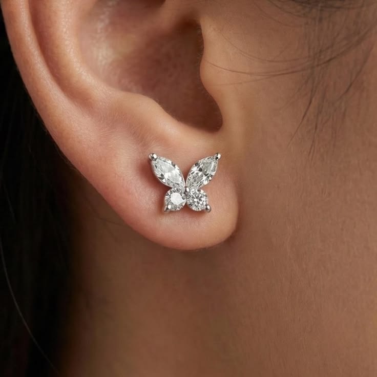 Solitaire Diamond Wings Butterfly Stud Earrings