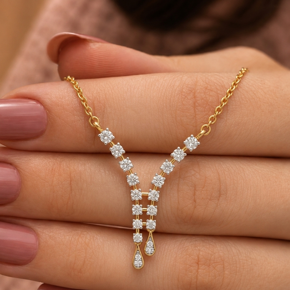 Elevate your style with the Celestia Geometric Diamond Drop Pendant. Featuring 15 brilliant diamonds set in 14kt or 18kt gold, this Y-shaped masterpiece is the ultimate luxury statement. 