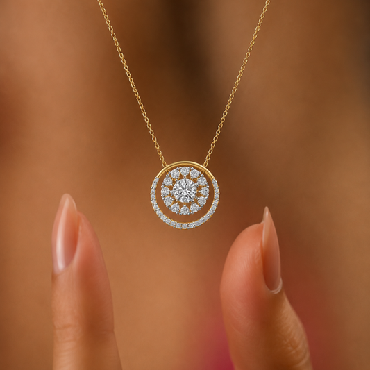 Shop the Celestial Halo Cluster diamond pendant, a stunning 14K or 18K gold charm featuring a 5.00mm center diamond and exquisite accent stones. Perfect for anniversary gifts, bridal wear, or daily luxury. Discover timeless, high-quality gold jewelry today.
