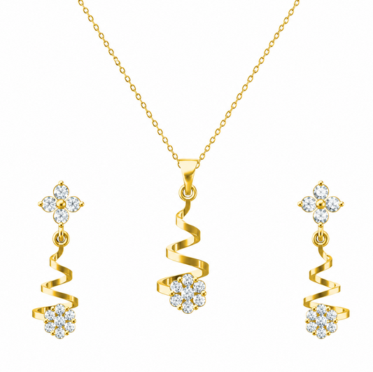 Discover the Celestial Spiral diamond set, featuring an elegant, twisting gold design adorned with 0.82 ct of brilliant-cut diamonds. This 14K gold pendant and earring set offers a unique, sophisticated look. Elevate your fine jewellery collection with this artisanal masterpiece
